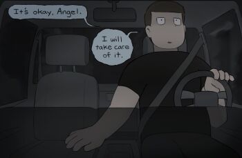 Rule 34 | 1boy, brown hair, car interior, clinical trial (game), driving, hashtag-only commentary, highres, homunculus100, lee smith, male focus, pants, seatbelt, shirt, short hair, sitting, solo, speech bubble, steering wheel, t-shirt, toon (style)