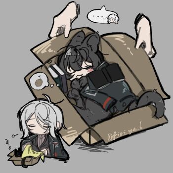 ... animal_ears animalization black_coat black_fur black_hair black_vest blanket blue_eyes book box cat cat_ears cat_tail coat commentary faust_(project_moon) highres kiri_ya_6 limbus_company medium_hair potato project_moon short_hair speech_bubble sweater symbol-only_commentary tail thought_bubble turtleneck turtleneck_sweater vest white_hair yi_sang_(project_moon)