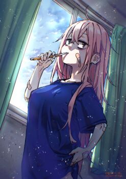 1girl artist_name bags_under_eyes bandaid bandaid_on_arm bandaid_on_cheek bandaid_on_face blue_shirt breasts brushing_teeth commentary_request curtains dated hogerarara holding holding_toothbrush indoors large_breasts long_hair michinoku_komaro pink_hair seitokai_ni_mo_ana_wa_aru! shirt solo toothbrush twitter_username window