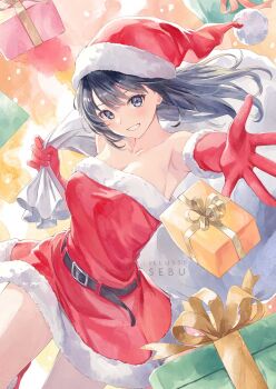 1girl :d arm_up armpits artist_name belt belt_buckle black_eyes black_hair blush box breasts buckle christmas cleavage collarbone commentary dress elbow_gloves english_commentary fur-trimmed_dress fur-trimmed_gloves fur-trimmed_headwear fur_trim gift gift_box gloves grin hat highres holding holding_sack large_breasts long_hair open_mouth orange_background original outstretched_arm parted_lips red_dress red_gloves red_hat sack santa_costume santa_dress santa_hat sebu_illust smile solo strapless strapless_dress