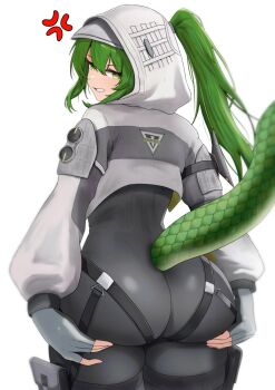 1girl anger_vein arknights arknights:_endfield black_bodysuit bodysuit clenched_teeth commentary cowboy_shot fingerless_gloves fluorite_(arknights) from_behind gloves grabbing_own_ass green_eyes green_hair highres hood hood_up lizard_tail long_sleeves looking_at_viewer looking_back puffy_long_sleeves puffy_sleeves reptile_girl simple_background solo sora_mame_(princess_0sora) tail teeth white_background white_gloves