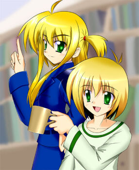 Rule 34 | 1boy, 1girl, ahoge, arisa bunnings, blonde hair, casual, choujin, cup, long hair, lyrical nanoha, mahou shoujo lyrical nanoha, mahou shoujo lyrical nanoha a's, military, military uniform, mug, yuuno scrya