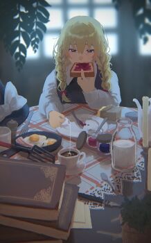 1girl backlighting black_vest blurry bo_cota book bottle bow braid bread bread_slice butter creamer_(vessel) cup depth_of_field facing_viewer food fork fried_egg hair_bow half-closed_eyes hat highres holding_bread jam kirisame_marisa knife leaf long_hair long_sleeves milk milk_bottle multiple_hair_bows pen plaid_tablecloth plant plate potted_plant red_bow shirt solo spatula spoon table teacup touhou twin_braids unworn_headwear upper_body vest white_shirt window witch_hat
