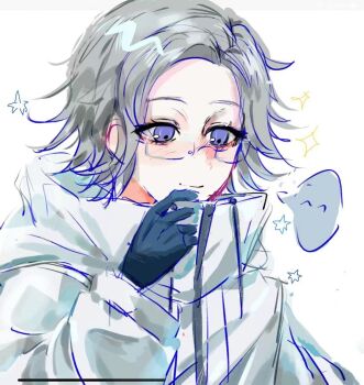 1boy aotsuki_eito black_gloves blue_eyes chinese_commentary closed_mouth colored_lineart commentary_request drawstring eyelashes glasses gloves grey_hair hand_up high_collar jacket lanlan95898 long_sleeves male_focus rectangular_eyewear semi-rimless_eyewear short_hair simple_background sketch smile solo sparkle speech_bubble spoken_expression star_(symbol) tareme the_hundred_line_-last_defense_academy- upper_body white_background white_jacket