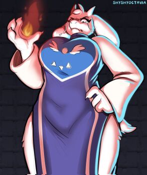 1girl animal_ears breasts choir_outfit_(utdr) crying crying_with_eyes_open delta_rune_(symbol) delta_rune_print fireball furry furry_female goat_ears goat_girl goat_horns goat_tail highres horns large_breasts purple_robe robe shy_shy_octavia standing tail tears thigh_gap toriel undertale utdr_(toby_fox) white_fur