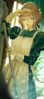 Rule 34 | 1girl, absurdres, apron, arjent, black ribbon, blush, breasts, broom, brown hair, commentary request, dress, gakuen idolmaster, green dress, hair ribbon, hairband, highres, hiwatari kanae, idolmaster, juliet sleeves, large breasts, long sleeves, looking at viewer, maid, maid apron, open mouth, puffy sleeves, ribbon, short hair, smile, solo, standing, sweat, white apron, white hairband, wiping face, wiping forehead, wiping sweat