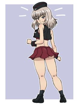 Rule 34 | 1girl, adapted costume, black hat, black jacket, black shoes, black socks, breasts, detached collar, from behind, garrison cap, girls und panzer, grey background, grey eyes, grey hair, hat, itsumi erika, jacket, kuromorimine military uniform, looking at viewer, looking back, medium hair, midriff, miniskirt, pleated skirt, red skirt, red sports bra, shoes, simple background, skirt, sleeveless, sleeveless jacket, smile, socks, sports bra, takahashi kurage