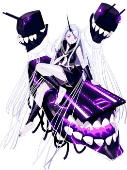 Rule 34 | abyssal aircraft carrier wasp princess, abyssal ship, ankle wrap, barefoot, black nails, black sailor collar, black shirt, black skirt, breasts, cleavage, closed mouth, flight deck, glowing, glowing eyes, horns, kantai collection, large breasts, long hair, midriff, neckerchief, official art, purple eyes, sailor collar, shibafu (glock23), shirt, single horn, skirt, transparent background, white hair, white neckerchief, wrist wrap