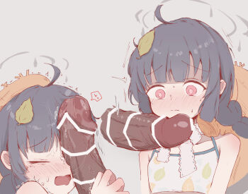 1boy 1girl ahoge bar_censor bare_shoulders bikini black_hair blue_archive blush censored closed_mouth commentary_request disembodied_penis erection grey_halo halo hetero highres large_penis leaf leaf_on_head loli long_hair looking_at_penis miyu_(blue_archive) miyu_(swimsuit)_(blue_archive) multiple_views niss_oekaki open_mouth penis penis_on_face penis_over_one_eye red_eyes solo_focus swimsuit