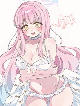 Rule 34 | !?, 1girl, :d, bare shoulders, bikini, blue archive, blue hair, breasts, cleavage, commentary request, cowboy shot, gluteal fold, gradient hair, halo, highres, long hair, looking at viewer, low wings, mika (blue archive), mika (swimsuit) (blue archive), morita (pixiv31883607), multicolored hair, navel, official alternate costume, open mouth, pink hair, smile, solo, strap slip, sweatdrop, swimsuit, white bikini, white wings, wings, yellow eyes