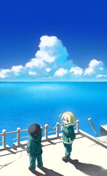 2girls absurdres ahoge black_hair blonde_hair blue_eyes brown_shoes building chito_(shoujo_shuumatsu_ryokou) cloud cloudy_sky coat fur-trimmed_coat fur_trim green_coat green_pants hand_in_pocket highres karmanima0w0 military_uniform multiple_girls ocean pants pointing shadow shoes shoujo_shuumatsu_ryokou sky yuuri_(shoujo_shuumatsu_ryokou)