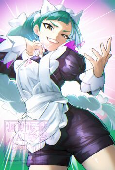 1girl apron black_romper blunt_bangs bow bowtie braid braided_ponytail breasts green_hair highres juliet_sleeves knees_out_of_frame lebanne_(pokemon) long_braid long_hair long_sleeves maid maid_apron maid_headdress medium_breasts mega_stone nintendo pokemon pokemon_legends:_z-a puffy_sleeves romper smile solo tsurime white_bow white_bowtie zaramekypp