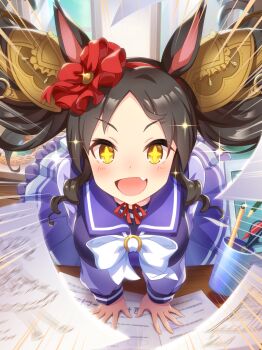 +_+ 1girl absurdres animal_ears artist_request basket big_hair black_hair blue_sailor_collar blue_shirt blue_skirt bow bowtie breasts brooch brown_eyes circle_skirt classroom cowboy_shot cup day dot_nose drawing_(object) emphasis_lines excited fang floating_clothes floating_hair floating_paper flower game_cg hair_flower hair_ornament hair_ribbon hairband hands_on_table highres horse_ears horse_girl horseshoe_ornament indoors jewelry large_breasts leaning_forward light_blush long_hair long_sleeves loose_hair_strand marker marvelous_sunday_(umamusume) miniskirt neck_ribbon official_art open_mouth paper parted_bangs pencil pleated_skirt puffy_long_sleeves puffy_sleeves red_flower red_hairband red_ribbon ribbon ringlets sailor_collar school_uniform scissors shirt sidelocks skirt skirt_set smile solo sparkle sparkling_eyes standing straight-on tracen_school_uniform tsurime twintails umamusume white_bow white_bowtie window