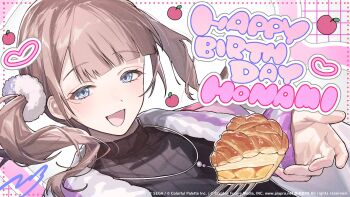 1girl :d apple apple_pie black_shirt blue_eyes brown_hair character_name commentary_request company_name copyright_notice food fork fruit guest_art hair_ornament hair_scrunchie happy_birthday heart highres jacket jewelry mochizuki_honami necklace official_alternate_costume official_art open_mouth pie pie_slice pilo_pilo pink_jacket project_sekai scrunchie second-party_source shirt side_ponytail smile solo unsteady_still_steady_step_(project_sekai) watermark web_address white_scrunchie