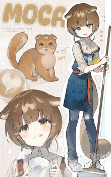 1girl absurdres animal_ears apron blue_apron blue_pants brown_hair cat cat_ears cat_girl cat_tail coffee collared_shirt commentary_request cup denim english_text highres holding holding_cup holding_mop jeans latte_art looking_at_viewer mop mug original pants shirt short_hair sleeves_rolled_up soyoong_jun tail white_shirt yellow_eyes