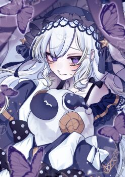 1girl bow bug butterfly closed_mouth commentary_request dress frilled_dress frills gothic_lolita hairband hat highres holding holding_stuffed_toy insect lolita_fashion lolita_hairband long_hair long_sleeves looking_at_viewer mahou_shoujo_no_majo_saiban natsume_an-an ne_coronda nightcap polka_dot polka_dot_bow purple_butterfly purple_eyes sleeves_past_fingers sleeves_past_wrists solo stuffed_animal stuffed_toy white_hair