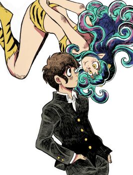 1boy 1girl animal_print aqua_hair bikini black_jacket black_pants commentary cone_horns flying gakuran highres horns jacket kuropin long_hair looking_at_viewer lum moroboshi_ataru pants pointy_ears print_bikini print_boots school_uniform short_hair simple_background smile swimsuit tiger_print upside-down urusei_yatsura white_background