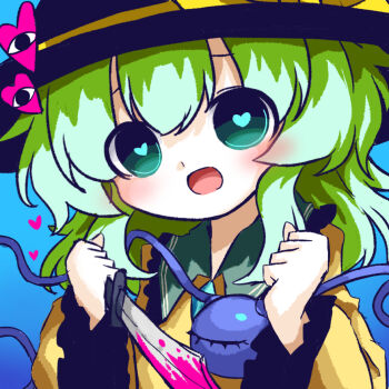 1girl black_hat blood blouse blush buttons commentary diamond_button eyeball frilled_shirt_collar frilled_sleeves frills green_eyes green_hair hat hat_ribbon heart heart-shaped_pupils heripantomorrow holding holding_knife knife komeiji_koishi pink_blood ribbon shirt smile solo symbol-only_commentary symbol-shaped_pupils third_eye touhou yandere yellow_ribbon yellow_shirt
