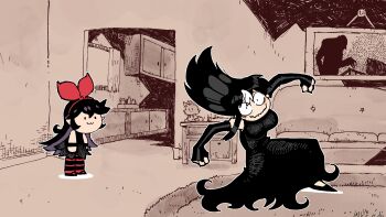 2girls :3 black_dress bow chibi couch detached_sleeves dress hair_bow hairband highres indoors long_sleeves looking_at_viewer marge_simpson meme multiple_girls nosferatu_(movie) noss_(rariatto) original painting_(object) pantyhose rariatto_(ganguri) red_bow red_hairband red_pantyhose striped_clothes striped_pantyhose the_simpsons wavy_mouth wide-eyed zakuro_(rariatto)