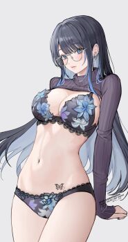 10_plus 1girl black_bra black_hair black_panties blue_eyes blue_hair bra breasts butterfly_tattoo colored_inner_hair commentary_request commission cowboy_shot ear_piercing floral_print floral_print_bra floral_print_panties grey-framed_eyewear grey_background highres lace lace-trimmed_bra lace-trimmed_panties lace_trim large_breasts light_blush lingerie long_hair looking_at_viewer mole mole_under_eye multicolored_hair navel original panties parted_bangs piercing pink_lips print_panties purple_shrug round_eyewear shrug_(clothing) sidelocks simple_background skeb_commission sleeves_past_wrists solo stomach tattoo turtleneck_shrug underwear