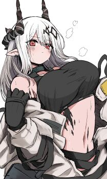 Rule 34 | 1girl, absurdres, arknights, black gloves, breasts, closed mouth, commentary request, gloves, gradient hair, grey hair, grey jumpsuit, hand up, highres, horns, jumpsuit, kamatama, large breasts, long hair, long sleeves, mudrock (arknights), multicolored hair, navel, pointy ears, puffy long sleeves, puffy sleeves, red eyes, simple background, solo, sweat, white background, white hair