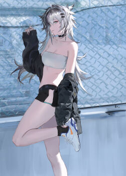 Rule 34 | 1girl, absurdres, animal ears, arknights, bare arms, bare shoulders, bikini, bikini top only, black choker, black jacket, black shorts, breasts, choker, cleavage, commentary, grey eyes, grey hair, highres, jacket, lappland (arknights), medium breasts, open clothes, open jacket, parted lips, red nails, shoes, short shorts, shorts, sleeves past wrists, smile, sneakers, solo, standing, standing on one leg, swimsuit, white bikini, white shoes, wolf ears, wolf girl, xiaoye eago