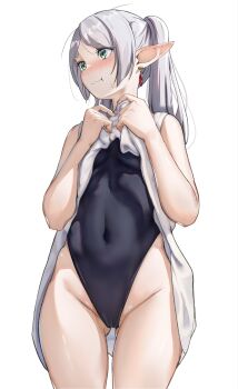 1girl :t black_one-piece_swimsuit blush breasts clothes_lift commentary_request covered_navel cowboy_shot dress dress_lift earrings elf frieren frills gluteal_fold grey_hair highleg highleg_one-piece_swimsuit highres jewelry long_hair long_pointy_ears looking_to_the_side nose_blush one-piece_swimsuit parted_bangs pointy_ears simple_background small_breasts solo sousou_no_frieren standing sweatdrop swimsuit teardrop_earrings thighs twintails wavy_mouth white_background white_dress yami_anko
