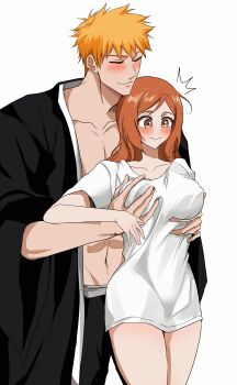 1boy 1girl bleach blush breasts brown_eyes closed_eyes closed_mouth collarbone couple grabbing_another&#039;s_breast groping hetero highres inoue_orihime japanese_clothes kimono kurosaki_ichigo large_breasts legs_together long_hair long_shirt navel open_clothes open_kimono orange_hair sela_(chanppu) shihakusho shirt short_hair simple_background thighs white_background white_shirt