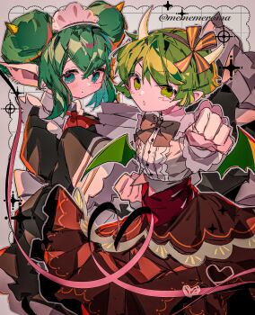Rule 34 | 2girls, absurdres, alternate costume, apron, black dress, blush, bow, bowtie, brown skirt, commentary, double bun, draco centauros, dragon girl, dragon horns, dragon tail, dragon wings, dress, fang, frills, green eyes, green hair, green tail, green wings, hair bun, highres, horns, lidelle (puyopuyo), long sleeves, looking at viewer, maid, maid apron, maid headdress, merumerumerume, multiple girls, open mouth, pointy ears, puyopuyo, red bow, ribbon, shirt, short hair, skirt, sleeves past fingers, sleeves past wrists, tail, untranslatable commentary, white apron, white shirt, wings, yellow horns