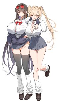 2girls absurdres animal_print arm_around_shoulder black_choker black_eyes black_thighhighs blonde_hair blue_cardigan blue_skirt blush bow bowtie bra breast_pocket breasts brown_hair brown_shoes button_gap cardigan character_request choker chozgum cleavage clothes_lift collarbone collared_shirt commentary commission dated_commentary dress_shirt earrings eyewear_on_head fangs full_body hair_between_eyes hair_intakes hair_tie hand_in_pocket highres jewelry lace lace_bra large_breasts leopard_print leopard_print_panties loafers long_hair looking_at_viewer loose_socks multiple_girls open_mouth original panties pantyshot pink_nails pleated_skirt pocket print_panties red_bow red_bowtie red_nails shirt shoes side-tie_panties simple_background skin_fangs skirt skirt_lift socks socks_over_thighhighs standing sunglasses swept_bangs tassel tassel_earrings thighhighs tongue tongue_out twintails underwear very_long_hair w w_over_eye white_background white_shirt white_socks yellow_eyes