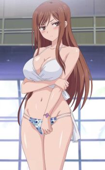 1girl anime_screenshot breasts brown_eyes brown_hair cleavage embarrassed groin highres large_breasts long_hair looking_at_viewer non-web_source overflow_(anime) shirakawa_ayane simple_background solo standing