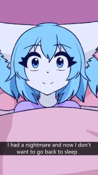 Rule 34 | 1girl, animal ears, bed, blanket, blue hair, colored skin, dot nose, english text, facing viewer, highres, indie virtual youtuber, on bed, purple shirt, shirt, smile, solo, thick eyelashes, under covers, virtual youtuber, wide-eyed, wolf ears, wolf girl, wolfychu, wolfychu (artist)