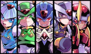 1girl 4boys android black_border blue_eyes border breasts capcom copy_x_(mega_man) fighting_fefnir_(mega_man) green_eyes kuji-in sage_harpuia_(mega_man) helmet inti_creates fairy_leviathan_(mega_man) medium_breasts multiple_boys open_mouth hidden_phantom_(mega_man) purple_eyes red_eyes mega_man_(series) mega_man_zero_(series) smile yuusuke-kun