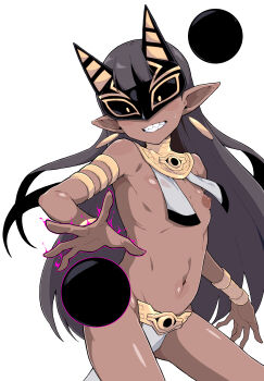 1girl absurdres ancient_egyptian ancient_egyptian_clothes armlet blush_stickers bracelet commentary_request contrapposto dark-skinned_female dark_skin earrings eye_mask flat_chest gold_armlet gold_bracelet grey_hair grin highres jewelry loli long_hair magic mask navel nipples original pelvic_curtain pointy_ears sharp_teeth simple_background smile solo stomach sweat teeth white_background zettai_yarumoni
