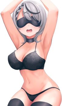 1girl armpits arms_up black_bra black_collar black_panties black_streaks black_thighhighs blindfold blush bound bound_arms bra breasts cleavage collar commentary_request cowboy_shot facing_viewer fang grey_hair hair_ornament hololive large_breasts medium_hair multicolored_hair navel open_mouth panties ramkilog sakamata_chloe simple_background skin_fang solo streaked_hair thighhighs underwear underwear_only virtual_youtuber white_background x_hair_ornament