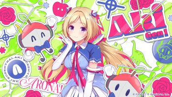 1girl ^_^ absurdres aki_rosenthal aki_rosenthal_(1st_costume) apple blonde_hair blue_dress blush character_name closed_eyes closed_mouth collared_dress commentary_request company_name copyright_notice detached_hair dress flower food fruit gloves highres hololive hololive_dreams long_hair looking_at_viewer official_art outline purple_eyes rose rosen-tai smile solo stegosaurus twintails virtual_youtuber white_gloves white_outline