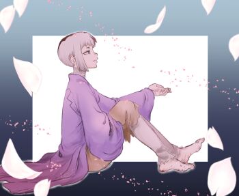1boy asagiri_gen bandages barefoot black_hair brown_pants cherry_blossoms coat dr._stone falling_petals from_side full_body grey_hair jacket knees_up long_sleeves multicolored_hair ninomae_gin pants petals profile purple_coat purple_jacket short_hair sitting smile solo two-tone_hair white_hair wide_sleeves