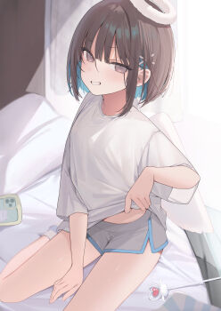 1girl absurdres backlighting bare_legs between_legs blue_hair blush bob_cut breasts brown_eyes brown_hair cellphone clothes_lift colored_inner_hair commentary_request curtains dolphin_shorts fake_halo foot_out_of_frame fur_halo grey_shorts hair_between_eyes hair_ornament hairclip halo hand_between_legs highres indoors lifting_own_clothes looking_at_viewer midriff_peek multicolored_hair okishiro_momoka_(shin_no_tenpii) on_bed original phone pillow shin_no_tenpii shirt shirt_lift short_hair short_shorts short_sleeves shorts sidelocks sitting small_breasts smartphone smile solo t-shirt teeth two-tone_hair white_shirt x_hair_ornament