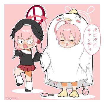 <|>_<|> 2girls :d ^_^ beret black_hat black_shirt black_shoes black_wings blue_archive blush border candy capriccyo closed_eyes commentary_request cosplay feathered_wings food halo hanako_(blue_archive) hat head_wings highres holding holding_sign koharu_(blue_archive) lollipop long_hair looking_at_viewer low_wings motion_lines multiple_girls no_entry_sign nose_blush open_mouth peroro_(blue_archive) peroro_(blue_archive)_(cosplay) pink_background pink_hair pleated_skirt red_skirt road_sign sailor_collar school_uniform serafuku shadow shirt shoes sign skirt smile socks speed_lines standing standing_on_one_leg swirl_lollipop translation_request twintails twitter_username v-shaped_eyebrows wavy_mouth white_border white_sailor_collar white_socks wings