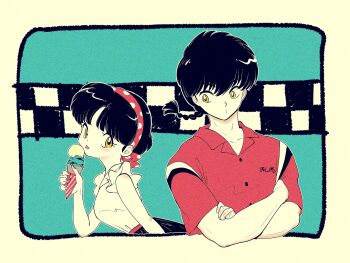 1boy 1girl black_hair bob_cut braid braided_ponytail couple crossed_arms food headband highres holding holding_ice_cream_cone ice_cream ice_cream_cone leaning polo_shirt punch121ykk ranma_1/2 retro_artstyle saotome_ranma tendou_akane tongue tongue_out yellow_eyes