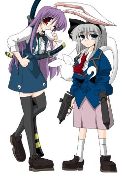 2girls animal_ears black_bow black_bowtie black_ribbon bow bowtie commentary_request cosplay costume_switch full_body green_skirt green_vest gun holding holding_gun holding_weapon kieyza konpaku_youmu konpaku_youmu_(ghost) long_hair looking_at_viewer mac-10/11 multiple_girls one_eye_closed oversized_clothes rabbit_ears reisen_udongein_inaba revision ribbon sheath short_hair simple_background skirt smile submachine_gun sword thighhighs touhou vest weapon white_background