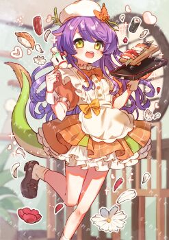 1girl :d apron blush bow bowtie brown_shoes commentary_request commission dragon_girl dragon_horns dragon_tail dress flower food foot_out_of_frame frilled_dress frills haruno_hotaru hat hat_bow holding holding_tray horns leg_up long_hair looking_at_viewer open_mouth orange_bow orange_bowtie orange_dress purple_hair red_flower sample_watermark shoes short_sleeves skeb_commission smile socks solo standing standing_on_one_leg suipro sushi tail tray tsukumi_bis virtual_youtuber watermark white_apron white_flower white_hat white_socks wrist_cuffs yellow_eyes