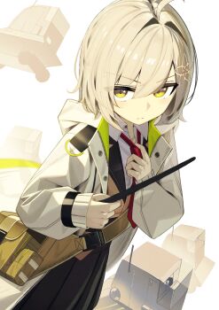 Rule 34 | 1girl, absurdres, ahoge, arknights, bag, blonde hair, brown bag, closed mouth, collared shirt, commentary request, cowboy shot, drone, hands up, highres, holding, hood, hood down, hooded jacket, jacket, long sleeves, looking at viewer, necktie, penguin4, red necktie, scene (arknights), shirt, short hair, solo, standing, white background, white jacket, white shirt, yellow eyes