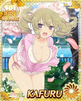 1girl :o bent_over blonde_hair border breasts breasts_squeezed_together card_(medium) character_name cherry_blossoms cleavage day dress falling_petals game_cg hair_ornament kafuru_(senran_kagura) looking_at_viewer low_twintails medium_breasts medium_hair official_art panties petals pink_dress pink_panties purple_eyes river senran_kagura senran_kagura_new_wave short_twintails side-tie_panties solo string_panties surprised tree twintails underwear wind wind_lift yellow_pupils