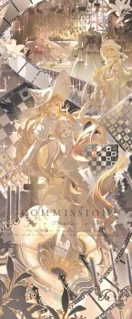 Rule 34 | 3girls, absurdres, bishop (chess), blonde hair, board game, book, boots, bow, bow garter belt, bow necklace, bowtie, burning, cake, cake stand, candle, candlestand, canvas (object), chandelier, chess, chess piece, chessboard, chinese commentary, choker, closed eyes, closed mouth, collar, commentary request, commission, couch, cross, crystal, cup, curly hair, dancing, day, dress, dress form, drinking, easel, elbow gloves, english text, film reel, floating hair, flower, flute, food, gloves, handrail, hanging light, heterochromia, high heel boots, high heels, highres, holding, holding cup, indoors, instrument, jinse (xhs 8990347566), king (chess), kneeless mermaid, knight (chess), leaf, long dress, long hair, looking to the side, maid headdress, megaphone, mermaid, mermaid dress, monster girl, multiple girls, open mouth, original, pawn (chess), phonograph, pink hair, plant, queen (chess), recorder, red eyes, ringlets, rook (chess), sitting, sleeve cuffs, sparkle, stairs, standing, sunlight, teacup, very long hair, white boots, white dress, white gloves, yellow eyes