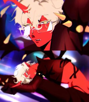 1boy alien_stage armlet black_shirt blonde_hair colored_eyelashes colored_skin commentary fang glasses highres jewelry luka_(alien_stage) male_focus panty_&amp;_stocking_with_garterbelt pointy_ears red_skin shirt short_hair spiked_armlet spiked_wings uchiha_i_arts very_short_hair yellow_eyes