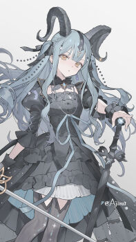 1girl absurdres ajirui arknights artist_name bang_dream! bang_dream!_it's_mygo!!!!! black_dress black_horns black_ribbon black_wrist_cuffs blue_hair blue_ribbon commentary_request curled_horns detached_collar dress dual_wielding earrings feet_out_of_frame grey_background hair_ribbon highres holding holding_sword holding_weapon horn_ornament horn_ring horns jewelry long_hair looking_at_viewer necklace ribbon sidelocks simple_background solo sword tail togawa_sakiko togawa_sakiko_(master_of_melodia) two_side_up weapon wrist_cuffs yellow_eyes