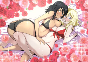 2girls andou_(girls_und_panzer) ass bikini black_bikini black_hair blonde_hair blue_eyes blush breasts brown_eyes butt_crack cleavage closed_mouth covered_mouth flower girls_und_panzer groin hand_on_another's_thigh hug interrupted large_breasts looking_at_viewer looking_to_the_side medium_hair multiple_girls nakahira_guy navel oshida_(girls_und_panzer) red_bikini rose short_hair sweat swimsuit yuri