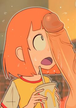 blush daughter_(yoru_mac) huge_penis loli nervous nervous_sweating open_mouth orange_hair penis penis_on_face shirt sweat trembling vsdrawfag yellow_shirt