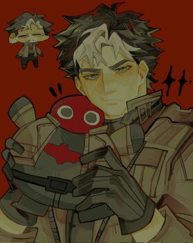 Rule 34 | 1boy, batman (series), batman symbol, belt, black bodysuit, black gloves, black hair, blue eyes, bodysuit, brown jacket, character doll, dc comics, doll, gloves, grey bodysuit, hashtag-only commentary, highres, jacket, jason todd, male focus, mask, multicolored bodysuit, muscular, muscular male, open clothes, pants, red hood (dc), red hood and the outlaws, red mask, short hair, superhero costume, taut bodysuit, two-tone bodysuit, utility belt, zhienzhienx x